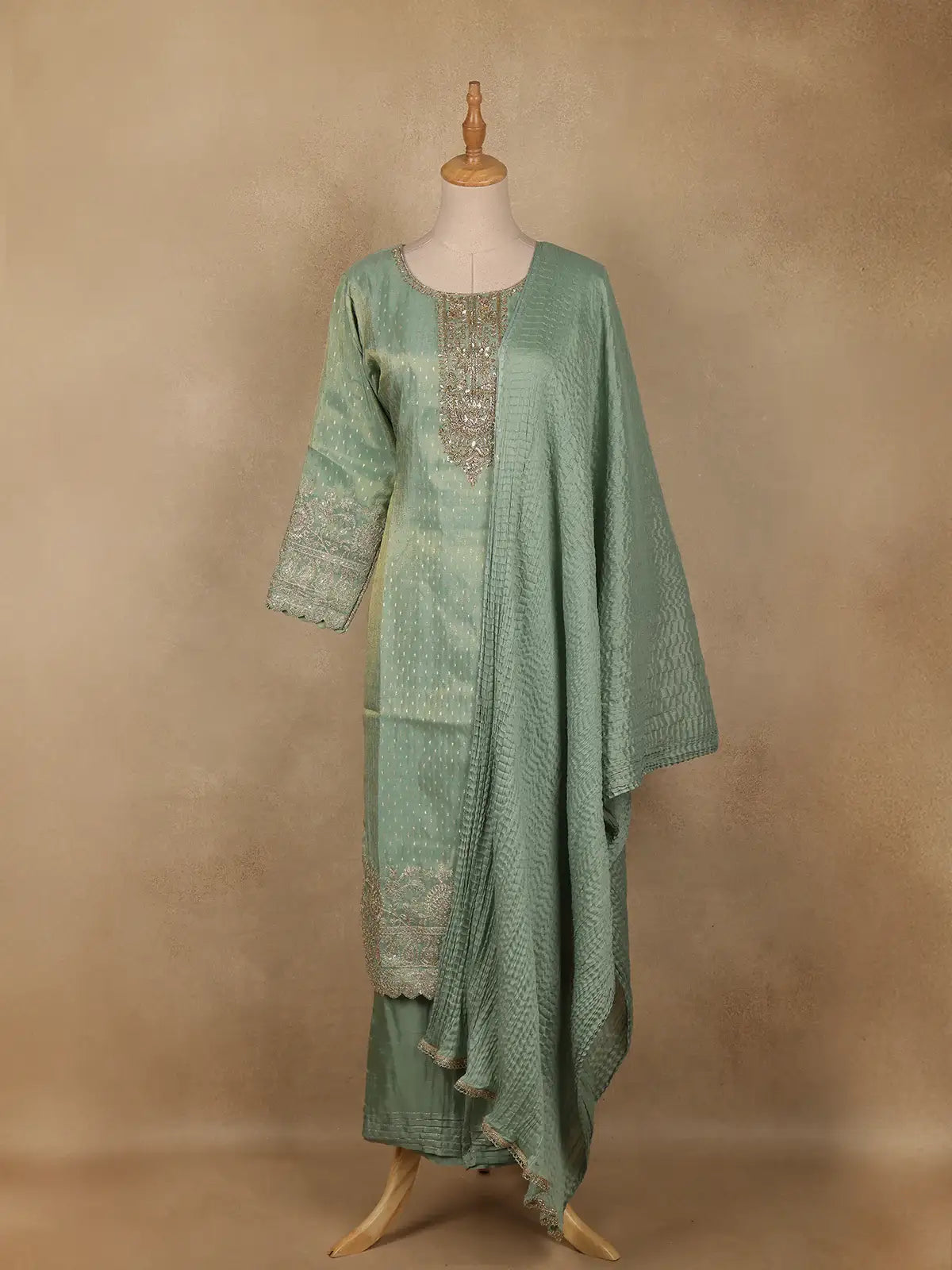 Light Green Silk Salwar Suit With Floral Embroidery - Diadem
