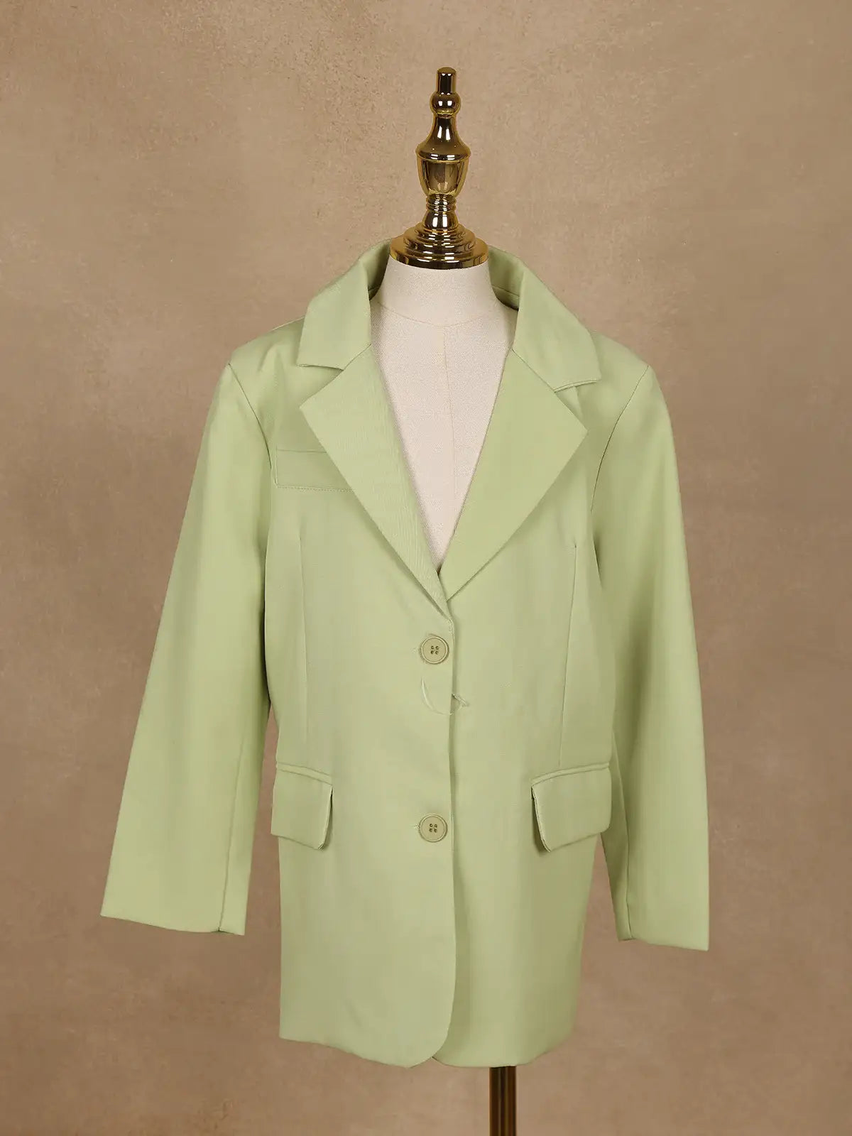 Light Green Solid Single-Breasted Blazer With Flap Pockets - Diadem