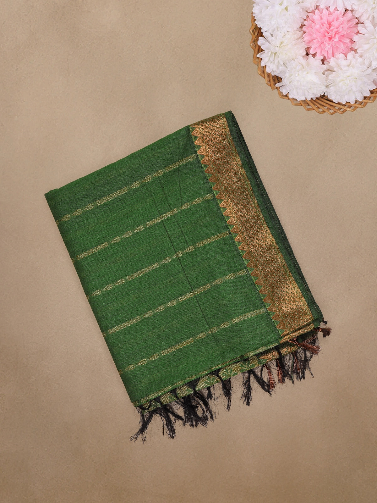 Light Green Striped Woven Cotton Saree