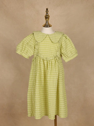 Light Green Textured Puff Sleeve Cotton Gown For Girls - Diadem