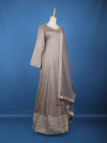 Light Grey Floral Design Banarasi Silk Anarkali Gown With Dupatta - Diadem
