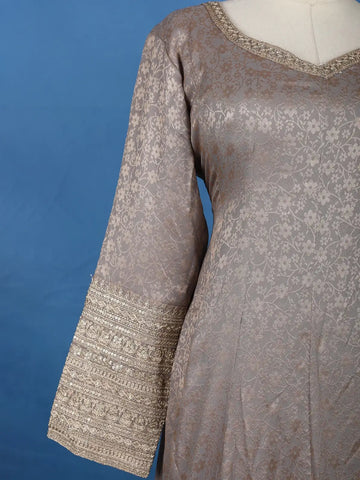 Light Grey Floral Design Banarasi Silk Anarkali Gown With Dupatta - Diadem