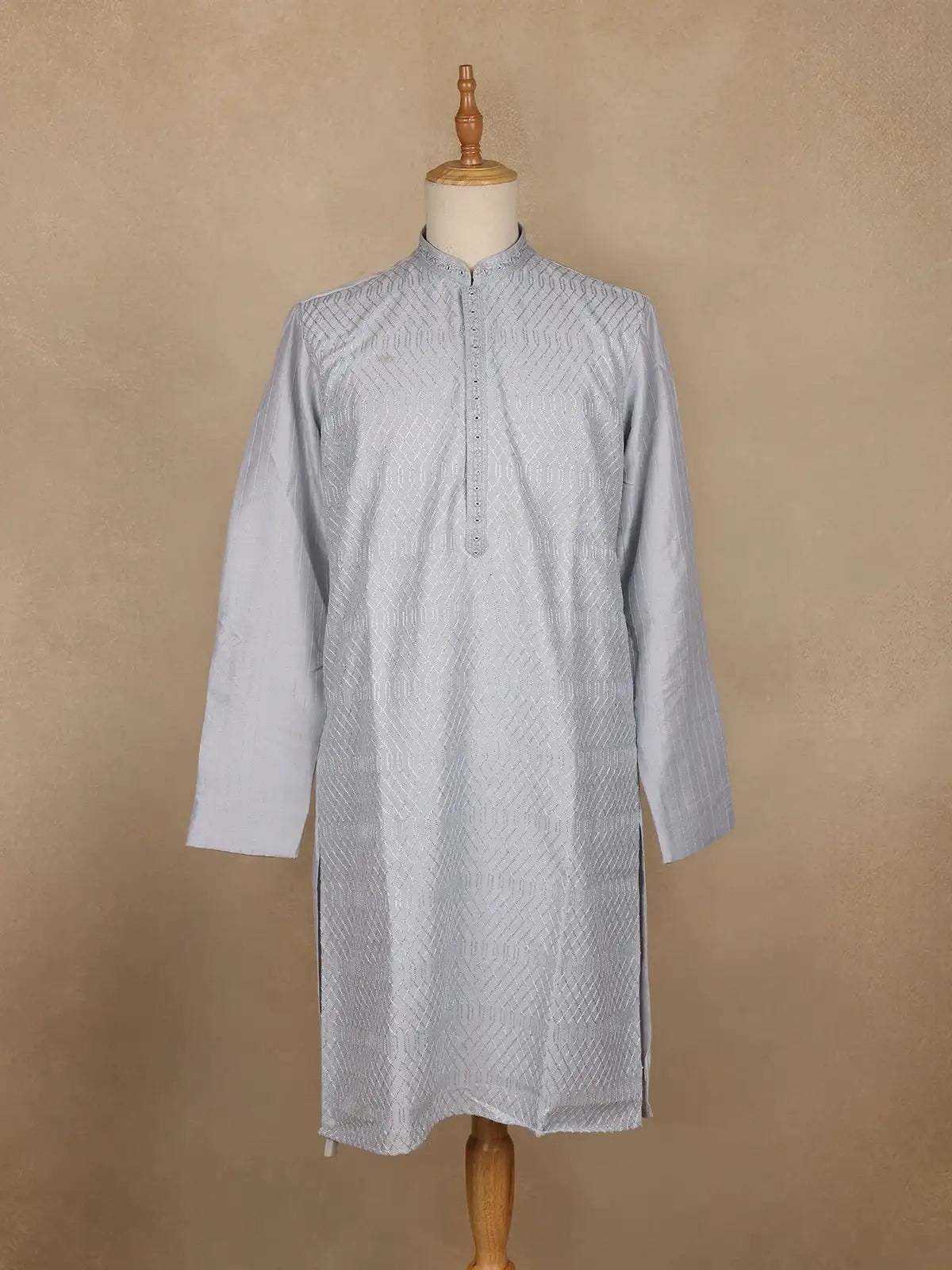 Light Grey Thread Embroidered Cotton Kurta for Men - Diadem