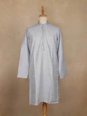 Light Grey Thread Embroidered Cotton Kurta for Men - Diadem
