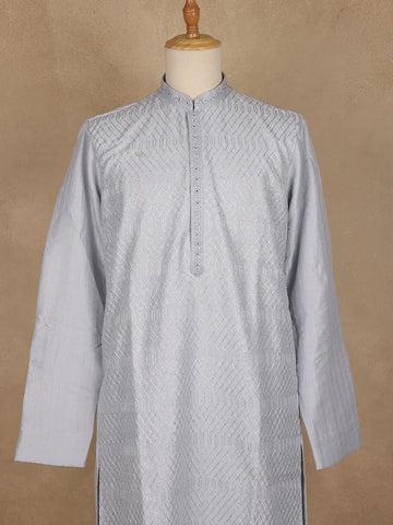 Light Grey Thread Embroidered Cotton Kurta for Men - Diadem