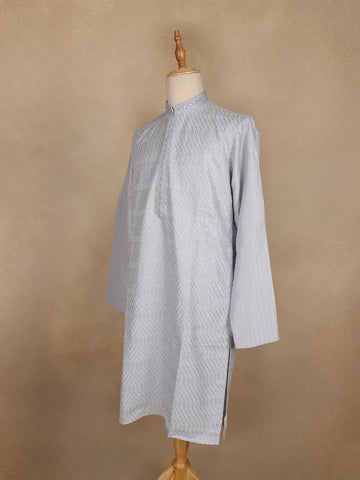 Light Grey Thread Embroidered Cotton Kurta for Men - Diadem