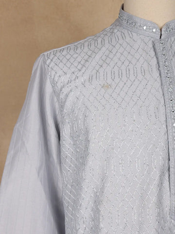 Light Grey Thread Embroidered Cotton Kurta for Men - Diadem