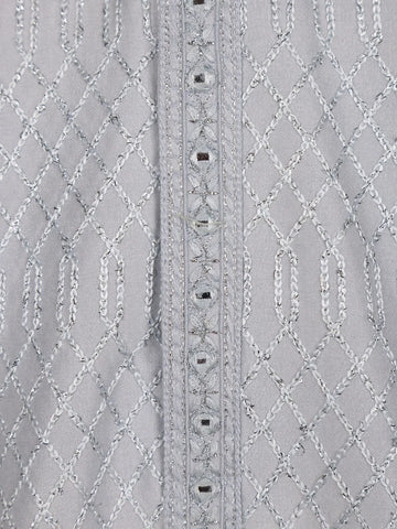 Light Grey Thread Embroidered Cotton Kurta for Men - Diadem