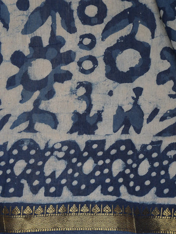 Light Greyish Blue Floral Printed Cotton Saree - Diadem