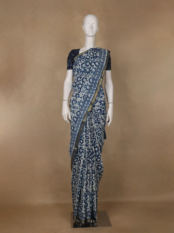 Light Greyish Blue Floral Printed Cotton Saree - Diadem