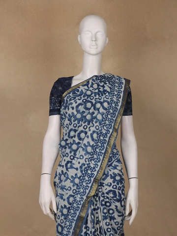 Light Greyish Blue Floral Printed Cotton Saree - Diadem