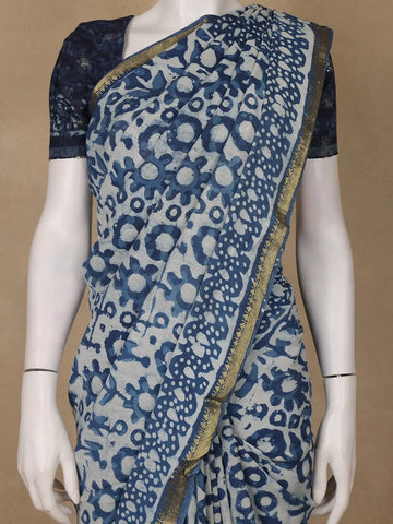 Light Greyish Blue Floral Printed Cotton Saree - Diadem