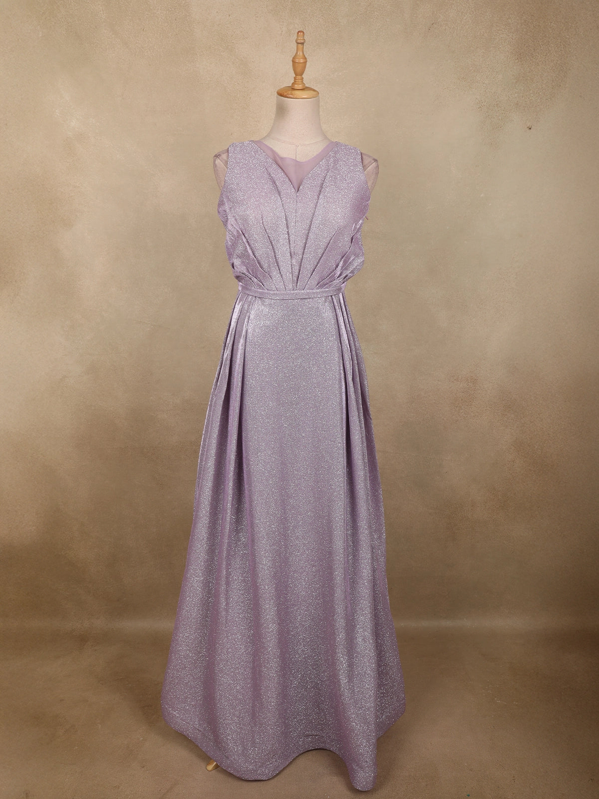 Light Lavender Shimmer Solid And Glitter Design Party Wear Gown with with  Pleated Bodice
