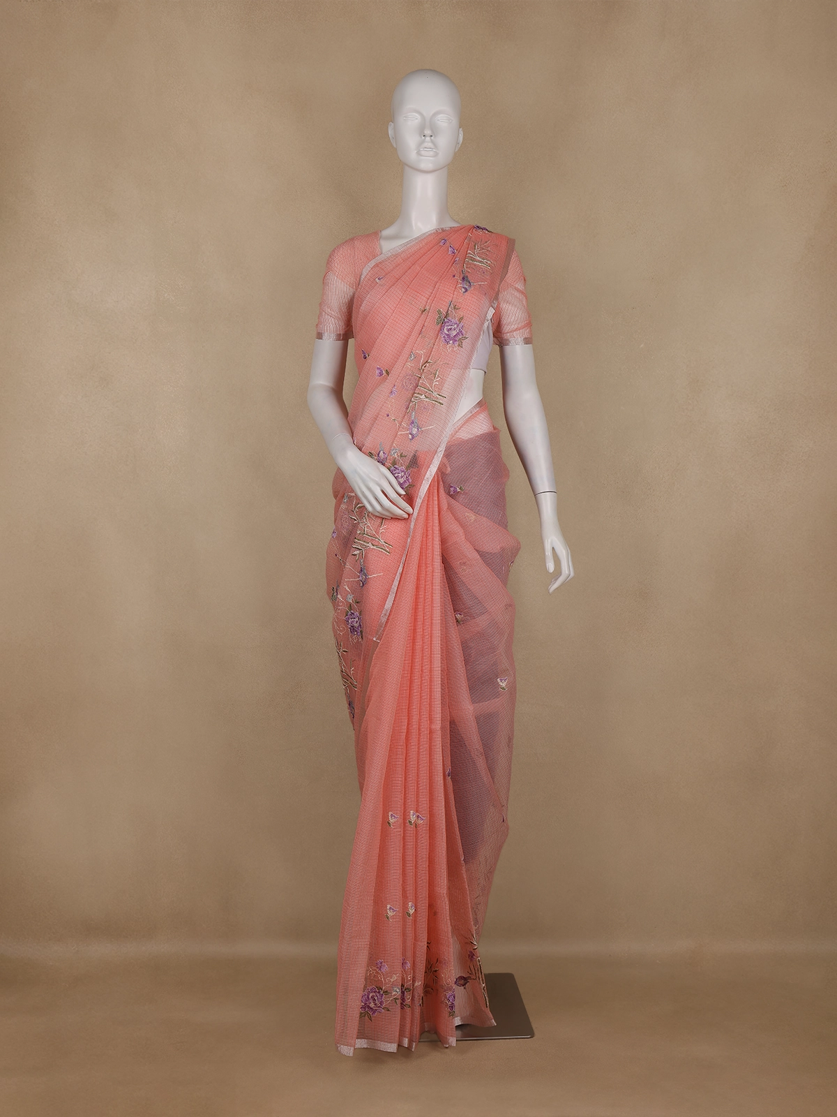 Light Peach Floral Embroidered Kota Cotton Saree