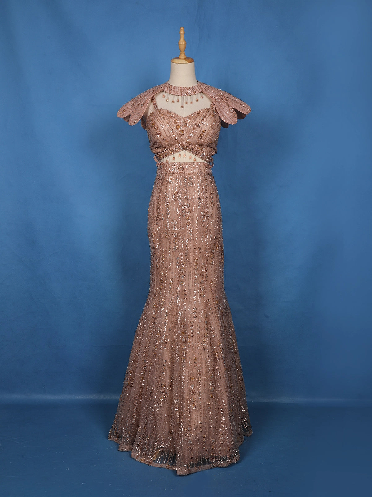 Light Peach Floral Sequins Embroidered Party Wear Mermaid Net Lehenga