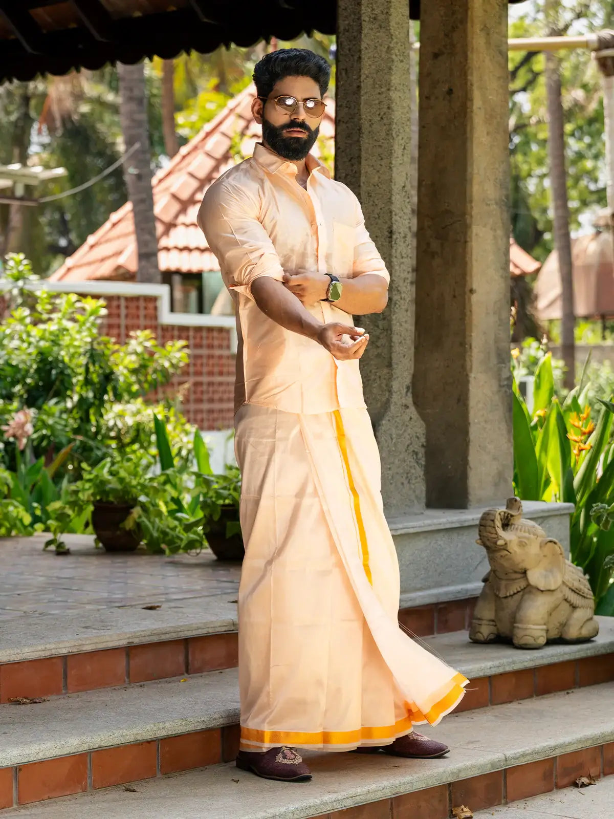 Light Peach Plain Semi Silk Full-Sleeve Shirt with Matching Dhoti Set - Diadem