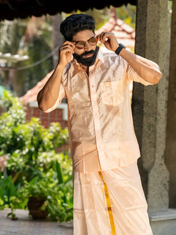 Light Peach Plain Semi Silk Full-Sleeve Shirt with Matching Dhoti Set - Diadem