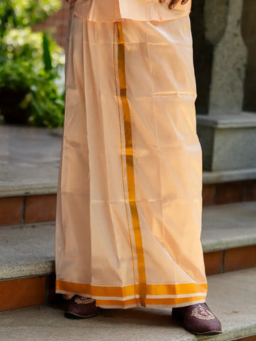 Light Peach Plain Semi Silk Full-Sleeve Shirt with Matching Dhoti Set - Diadem