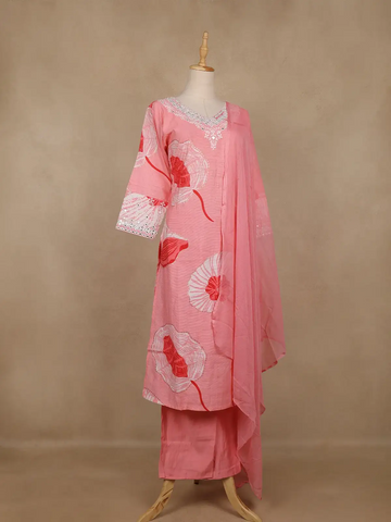 Light Pink Floral Design Cotton Salwar Suit With Dupatta - Diadem