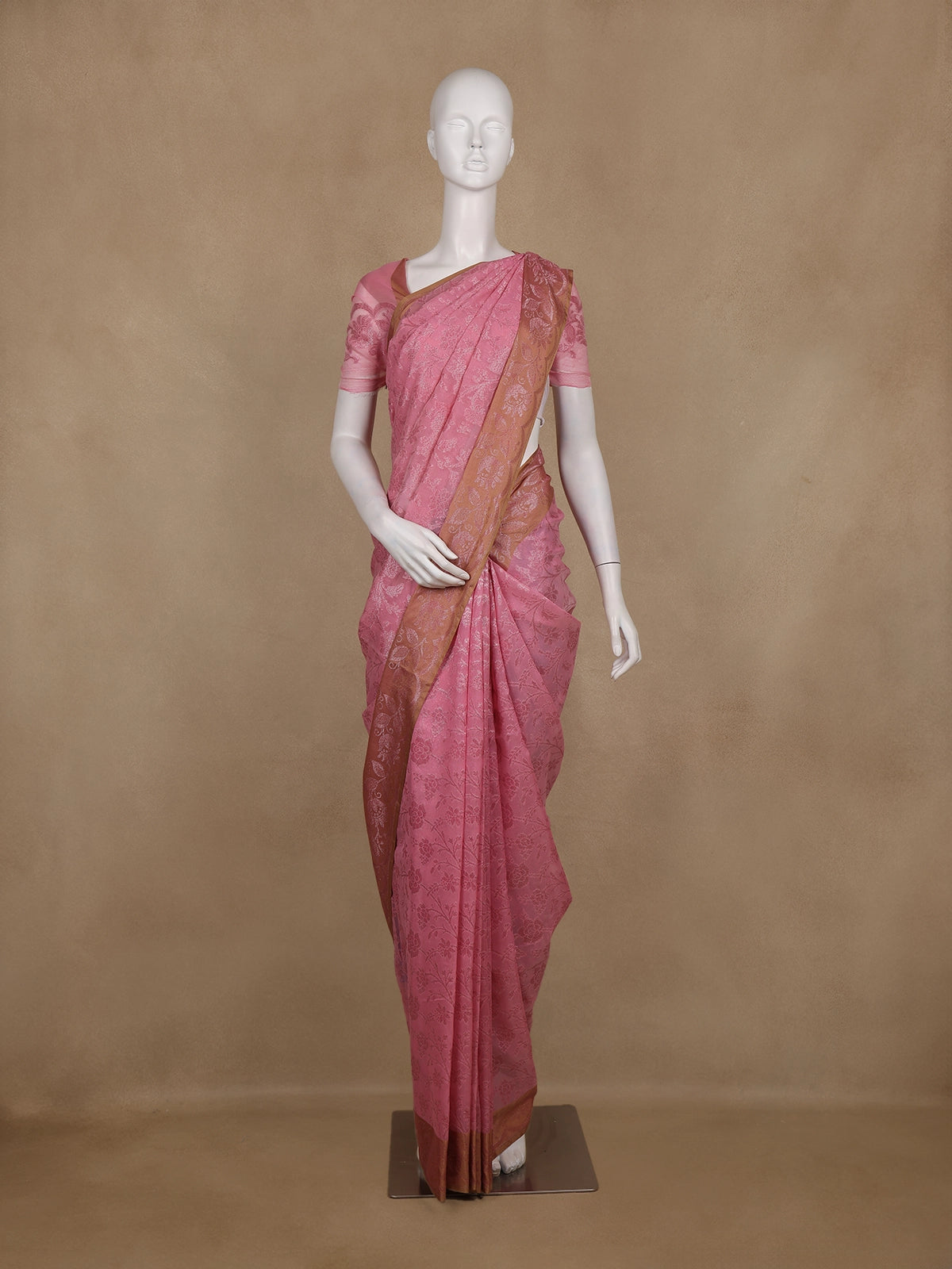 Light Pink  Floral Design Semi Banarasi Silk Saree