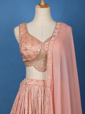 Light Pink Floral Embroidered Banarasi Silk Lehenga - Diadem