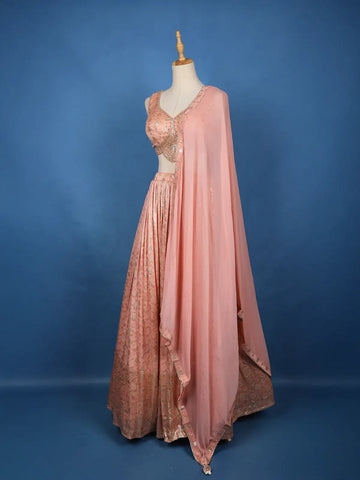 Light Pink Floral Embroidered Banarasi Silk Lehenga - Diadem