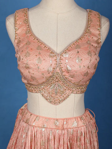 Light Pink Floral Embroidered Banarasi Silk Lehenga - Diadem