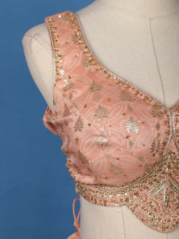 Light Pink Floral Embroidered Banarasi Silk Lehenga - Diadem