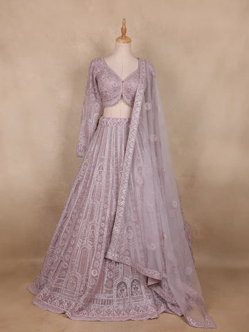 Light Pink Floral Embroidered Bridal Net Lehenga Set - Diadem