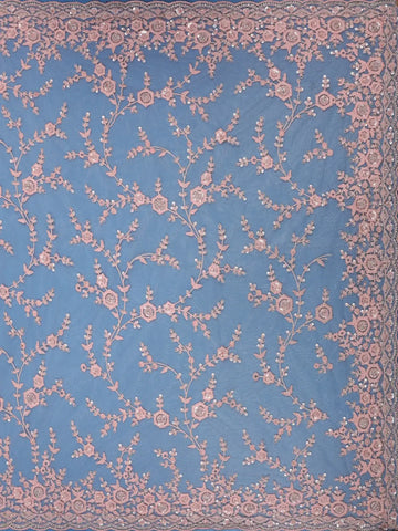 Light Pink Floral Embroidered Net Saree With Matching Blouse - Diadem