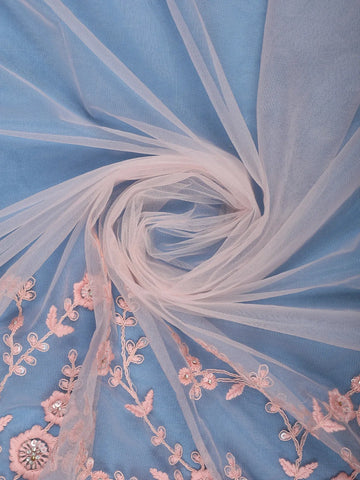 Light Pink Floral Embroidered Net Saree With Matching Blouse - Diadem