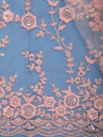 Light Pink Floral Embroidered Net Saree With Matching Blouse - Diadem