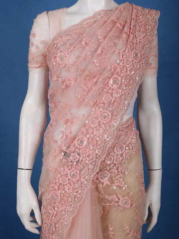 Light Pink Floral Embroidered Net Saree With Matching Blouse - Diadem