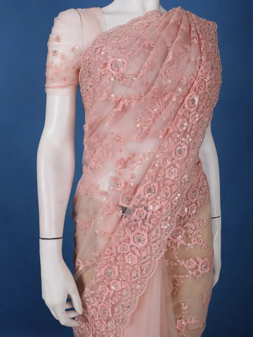Light Pink Floral Embroidered Net Saree With Matching Blouse - Diadem