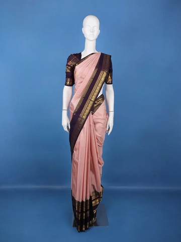 Light Pink Floral Motif Woven Pure Kanchipuram Silk Saree With Rich Zari Border - Diadem