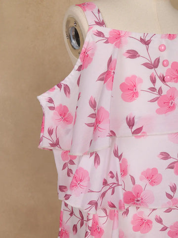 Light Pink Floral Printed Layered Ruffle Georgette Frock - Diadem