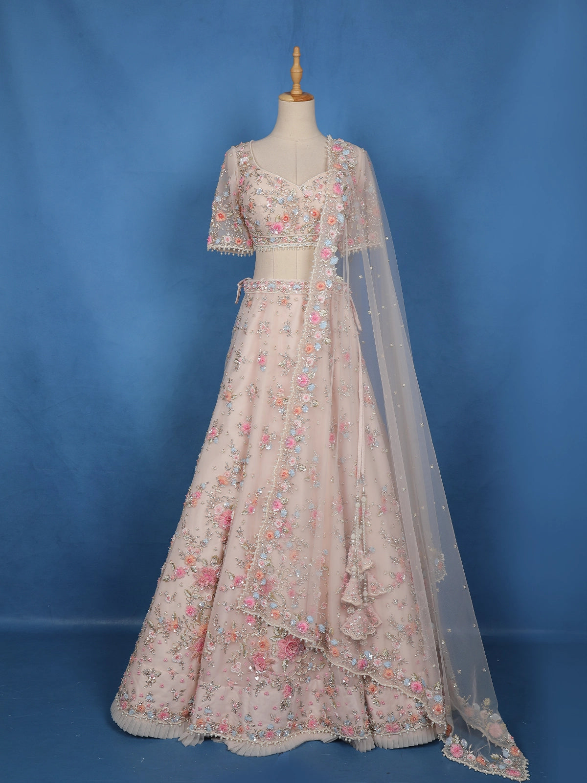 Light Pink Floral Sequins Embroidered Bridal Net Lehenga With Dupatta