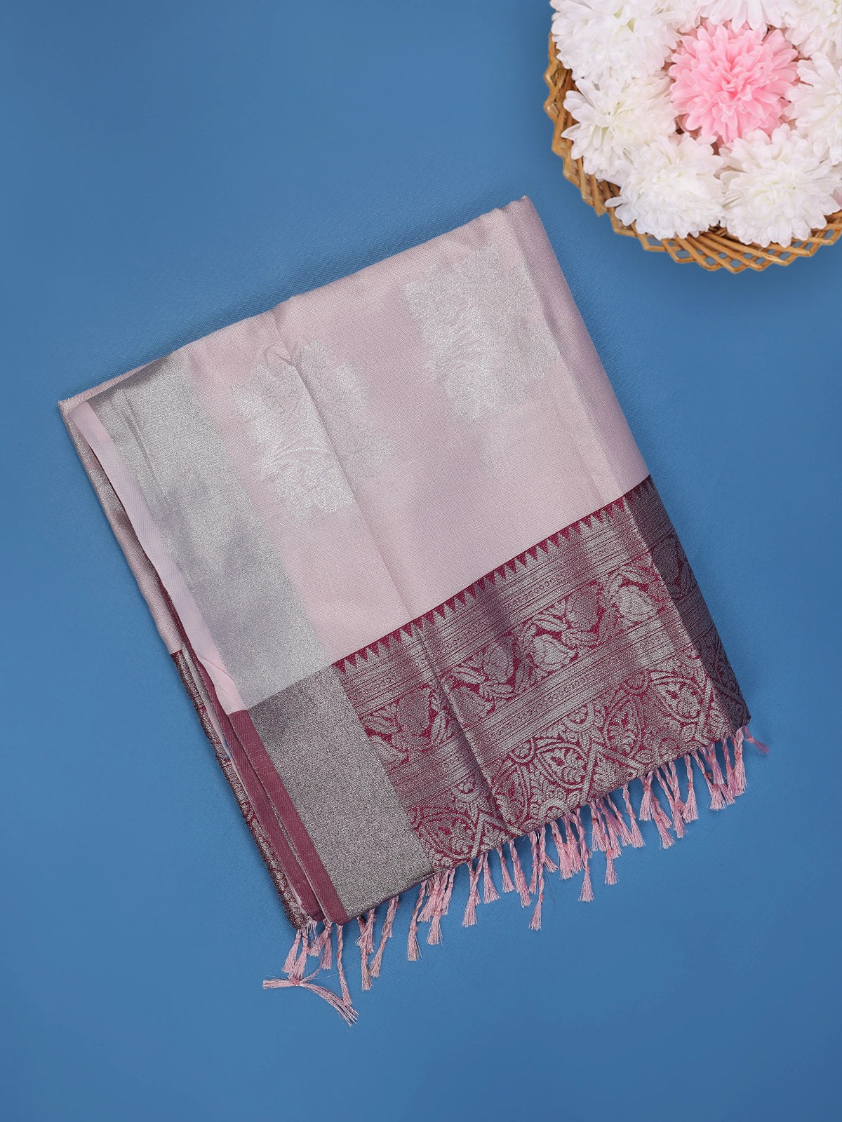 Light Pink Floral Woven Design Art Silk Saree With Contrast Zari Border