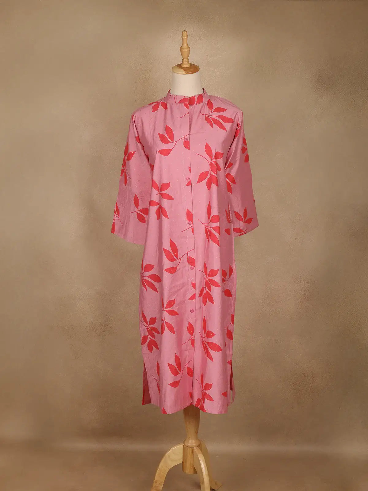 Light Pink Leaf Design Printed Cotton Kurti - Diadem