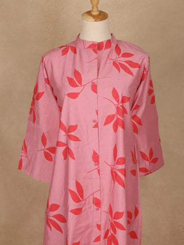 Light Pink Leaf Design Printed Cotton Kurti - Diadem