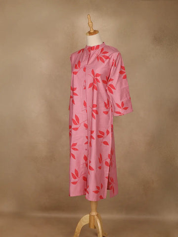 Light Pink Leaf Design Printed Cotton Kurti - Diadem