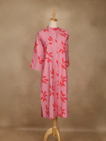 Light Pink Leaf Design Printed Cotton Kurti - Diadem