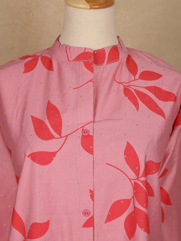 Light Pink Leaf Design Printed Cotton Kurti - Diadem