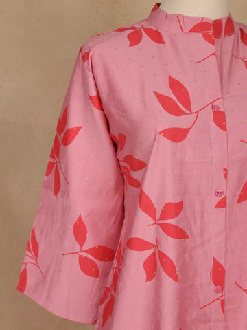 Light Pink Leaf Design Printed Cotton Kurti - Diadem