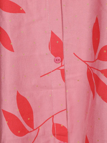 Light Pink Leaf Design Printed Cotton Kurti - Diadem