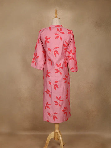 Light Pink Leaf Design Printed Cotton Kurti - Diadem
