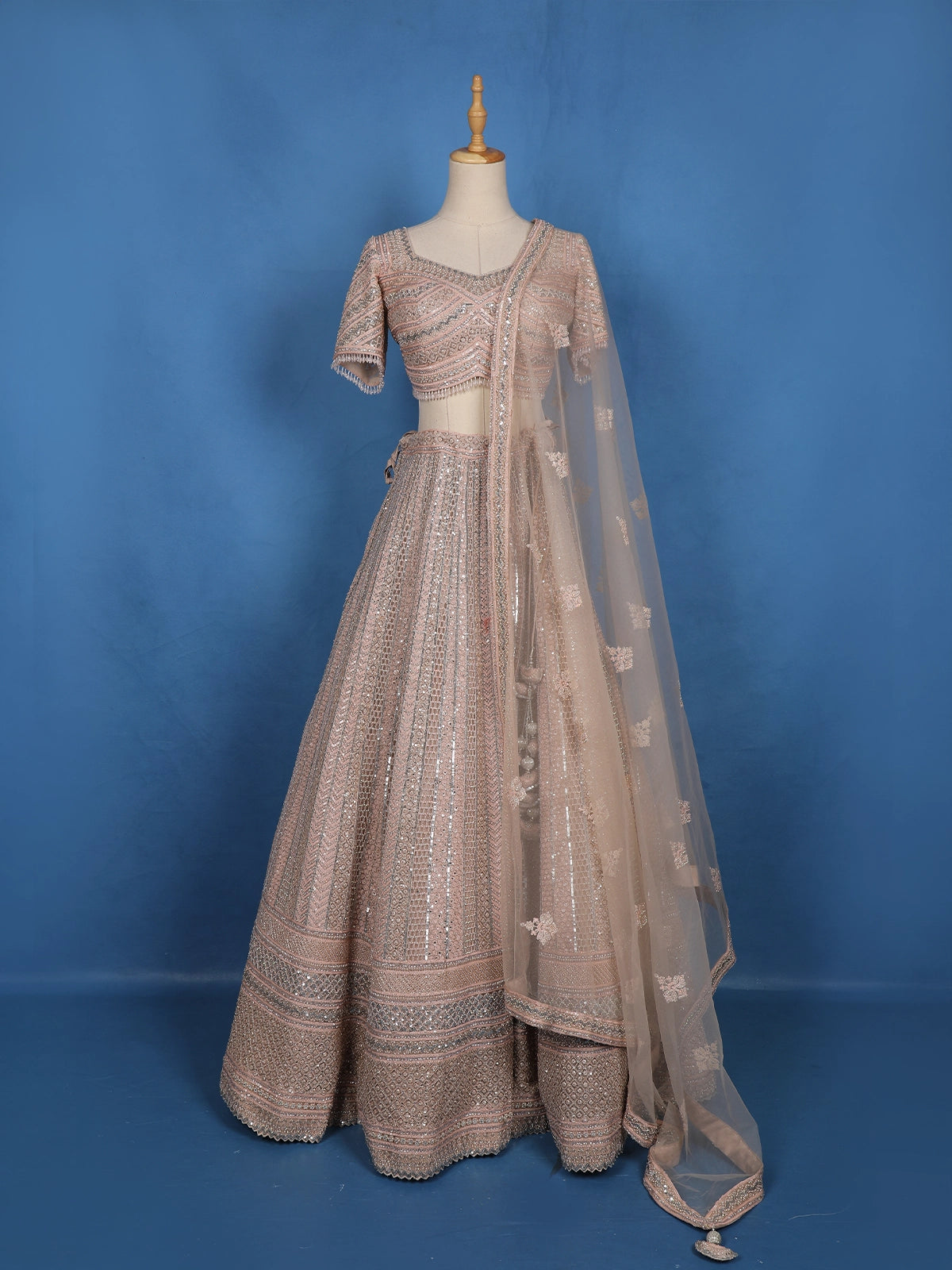 Light Pink Sequins Embroidery Net Lehenga