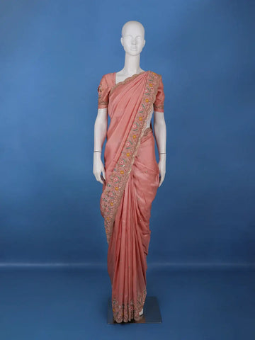 Light Pink Solid Design Satin Saree With Floral Scalloped Border - Diadem
