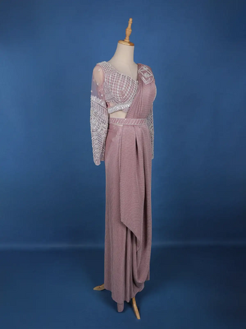 Light Pink Stripes Design Satin Ready To Wear Saree With Designer Blouse - Diadem