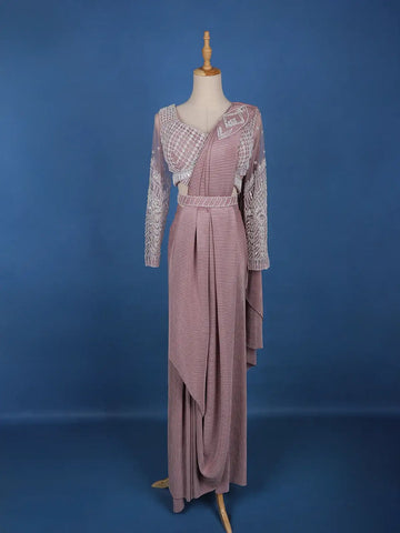 Light Pink Stripes Design Satin Ready To Wear Saree With Designer Blouse - Diadem